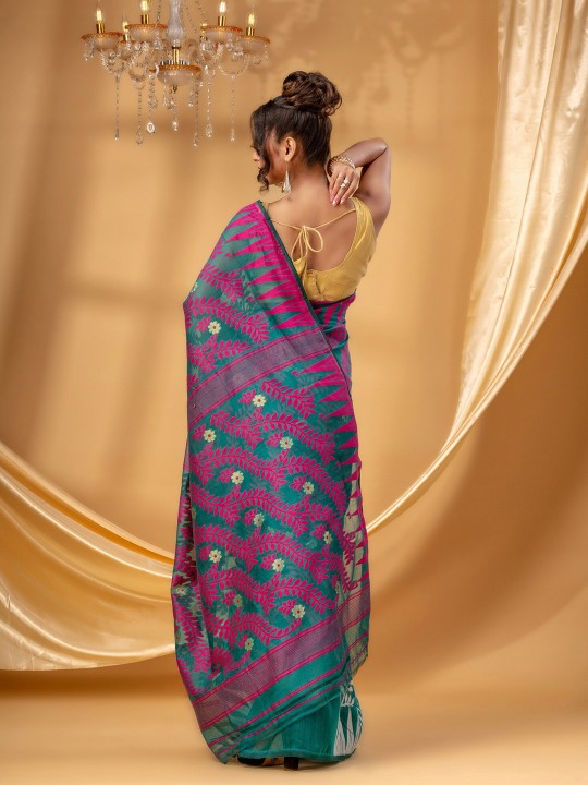 Vibrant Fluorescent Green Pure Cotton Jamdani Saree with Intricate Ethnic Woven Motifs