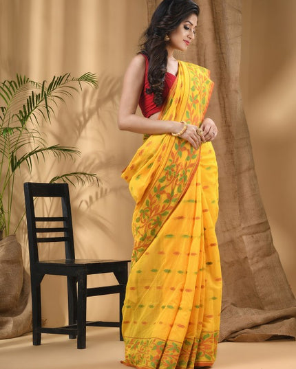 DESH BIDESH Yellow-Green Woven Design Silk Cotton Taant Saree for Women