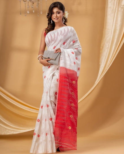 DESH BIDESH Elegant White-Red Woven Zari Pure Cotton Jamdani Saree for Women