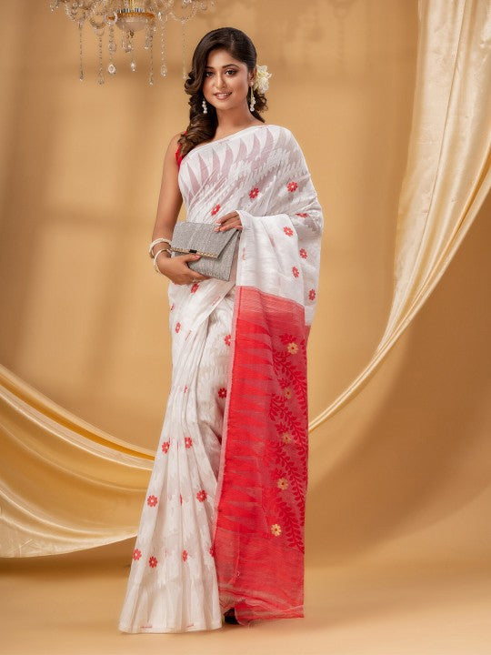 DESH BIDESH Elegant White-Red Woven Zari Pure Cotton Jamdani Saree for Women