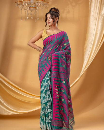 Vibrant Fluorescent Green Pure Cotton Jamdani Saree with Intricate Ethnic Woven Motifs