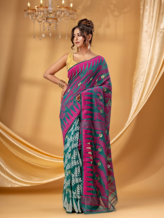 Vibrant Fluorescent Green Pure Cotton Jamdani Saree with Intricate Ethnic Woven Motifs