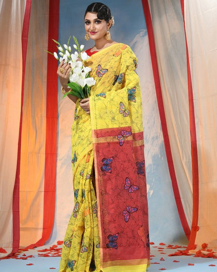 Exquisite Yellow Handloom Saree with Abstract Printed Butterfly Design & Blouse Piece