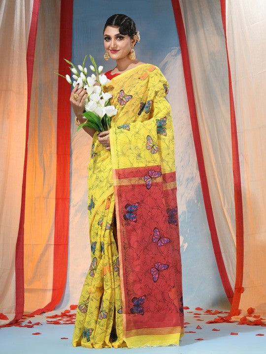 Exquisite Yellow Handloom Saree with Abstract Printed Butterfly Design & Blouse Piece