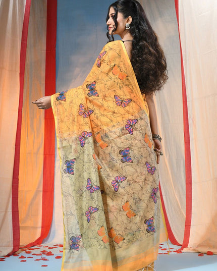 Exquisite Yellow and Blue Handloom Saree with Butterfly Print and Cotton Blend Fabric