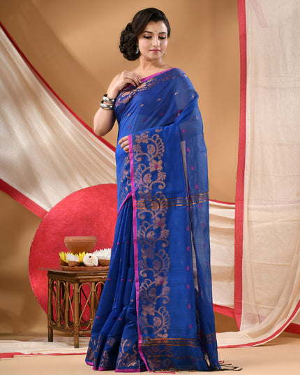 Women cotton silk tant handloom saree mysore party, wear sarees latest, design wedding, banarasi design georgette saree soft silk cotton MidNight Zari sarees for women (Blue)