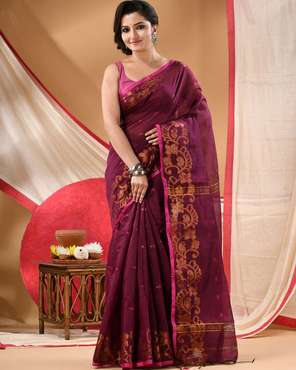 Women cotton silk tant handloom saree mysore party, wear sarees latest, design wedding, banarasi design georgette saree soft silk cotton MidNight Zari sarees for women (Brown)