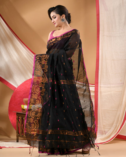 Women cotton silk tant handloom saree mysore party, wear sarees latest, design wedding, banarasi design georgette saree soft silk cotton MidNight Zari sarees for women (Black)