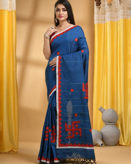 DESH BIDESH Striped Swastik Designed Pure Cotton Traditional Taant Saree