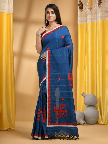 DESH BIDESH Striped Swastik Designed Pure Cotton Traditional Taant Saree