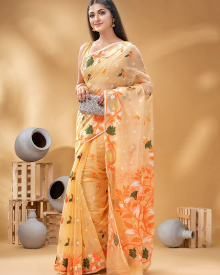 DESH BIDESH Orange Green Pure Cotton Jamdani Saree with Woven Floral Design