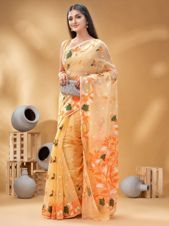 DESH BIDESH Orange Green Pure Cotton Jamdani Saree with Woven Floral Design