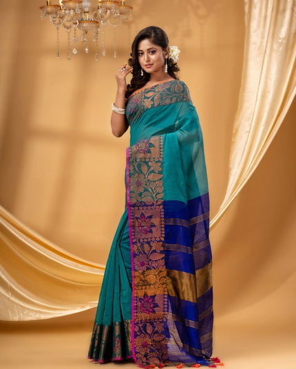 DESH BIDESH Floral Woven Dsign Zari Silk Cotton Taant Saree