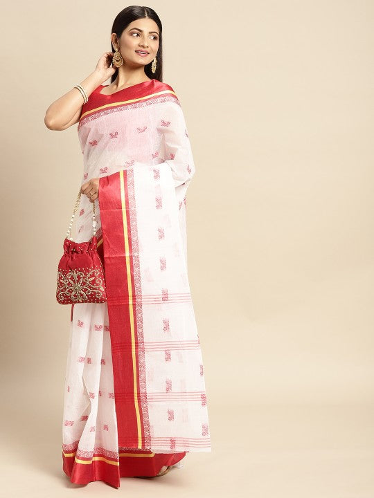 DESH BIDESH White & Red Ethnic Motifs Pure Cotton Taant Saree
