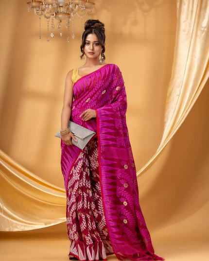 Exquisite DESH BIDESH Pure Cotton Jamdani Saree with Woven Floral Zari Design