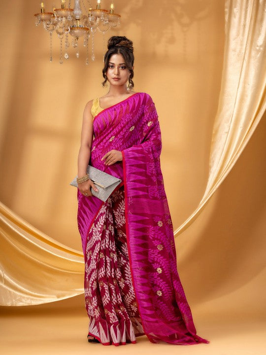 Exquisite DESH BIDESH Pure Cotton Jamdani Saree with Woven Floral Zari Design