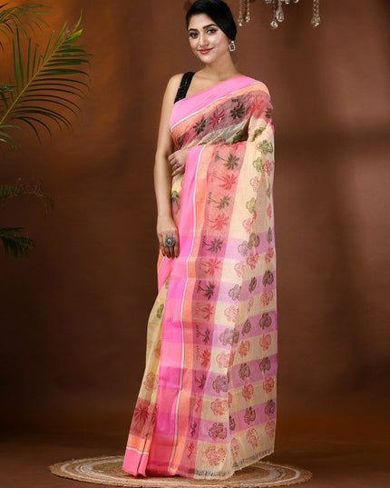 DESH BIDESH Ethnic Motifs Printed Pure Handloom Cotton Saree with Block Print