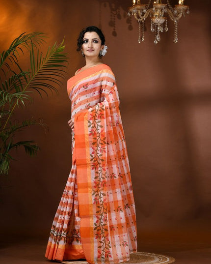 DESH BIDESH Women's Orange & White Pure Cotton Block Print Saree