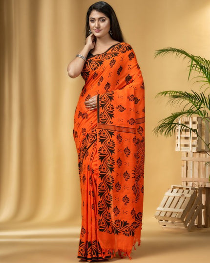 Orange & Black Ethnic Motifs Printed Pure Cotton Handloom Taant Saree