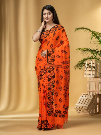 Orange & Black Ethnic Motifs Printed Pure Cotton Handloom Taant Saree