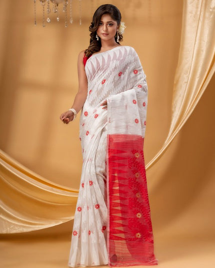DESH BIDESH Elegant White-Red Woven Zari Pure Cotton Jamdani Saree for Women