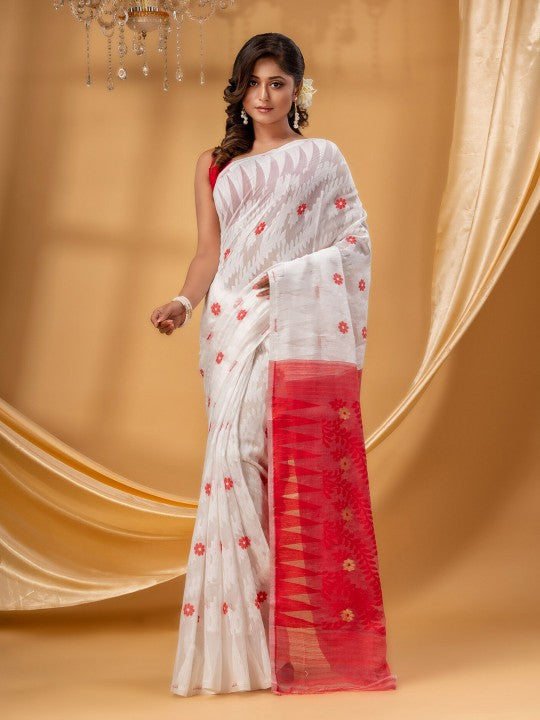 DESH BIDESH Elegant White-Red Woven Zari Pure Cotton Jamdani Saree for Women