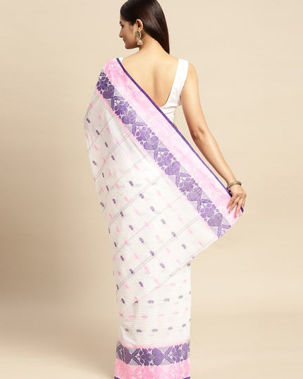 DESH BIDESH White & Pink Ethnic Motifs Pure Cotton Taant Saree