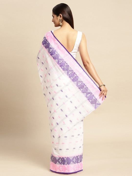 DESH BIDESH White & Pink Ethnic Motifs Pure Cotton Taant Saree