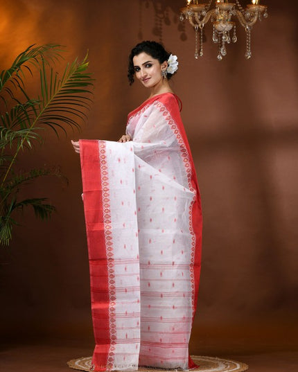 Exquisite White & Red Pure Cotton Taant Saree with Ethnic Motifs