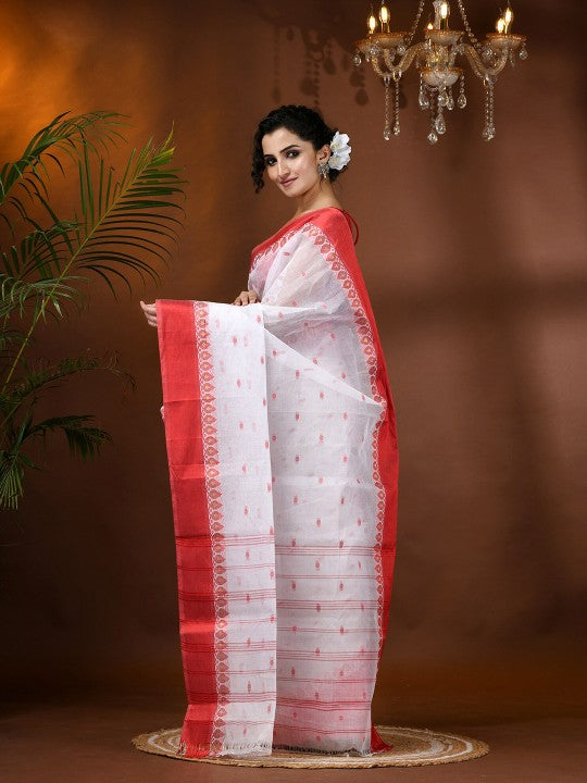 Exquisite White & Red Pure Cotton Taant Saree with Ethnic Motifs