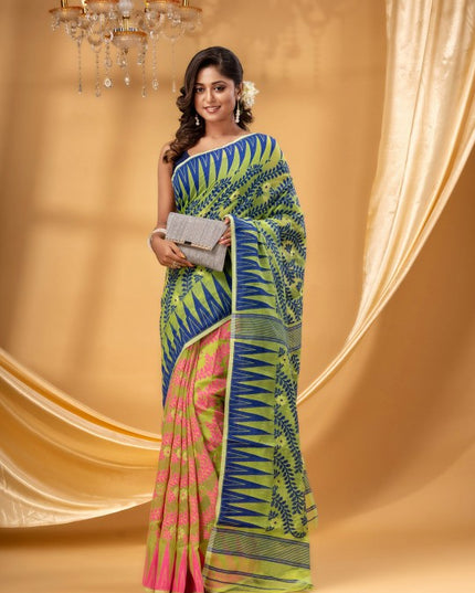 DESH BIDESH Pink-Green Pure Cotton Jamdani Saree: Elegant Woven Border Design