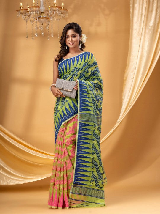 DESH BIDESH Pink-Green Pure Cotton Jamdani Saree: Elegant Woven Border Design