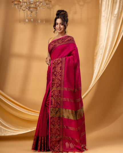 DESH BIDESH Women Red Zari Silk Cotton Handloom Chanderi Saree