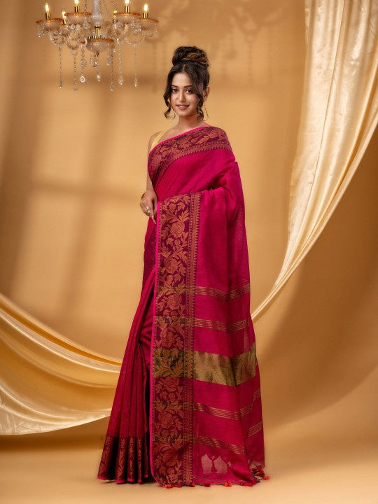 DESH BIDESH Women Red Zari Silk Cotton Handloom Chanderi Saree