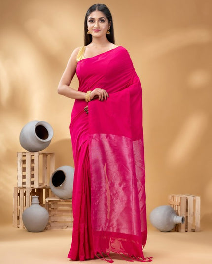DESH BIDESH Pink Zari Pure Cotton Taant Saree for Women