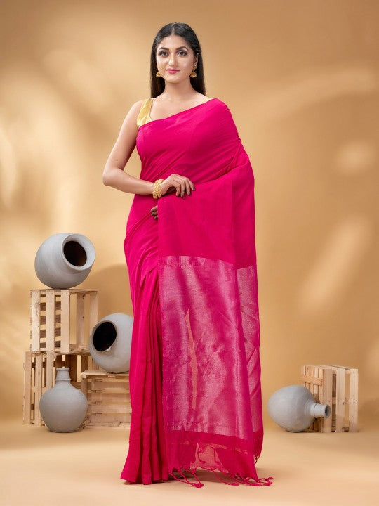 DESH BIDESH Pink Zari Pure Cotton Taant Saree for Women