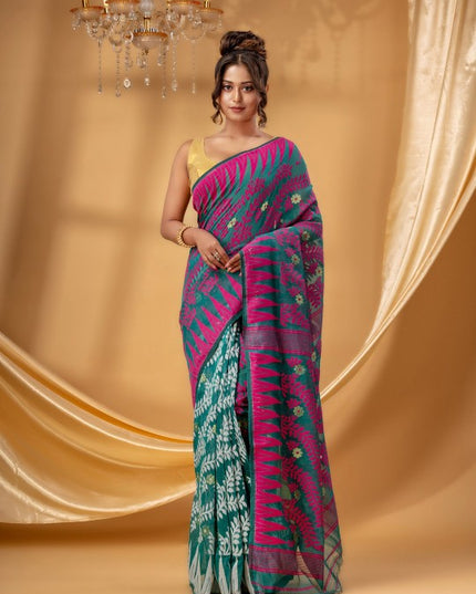 Vibrant Fluorescent Green Pure Cotton Jamdani Saree with Intricate Ethnic Woven Motifs