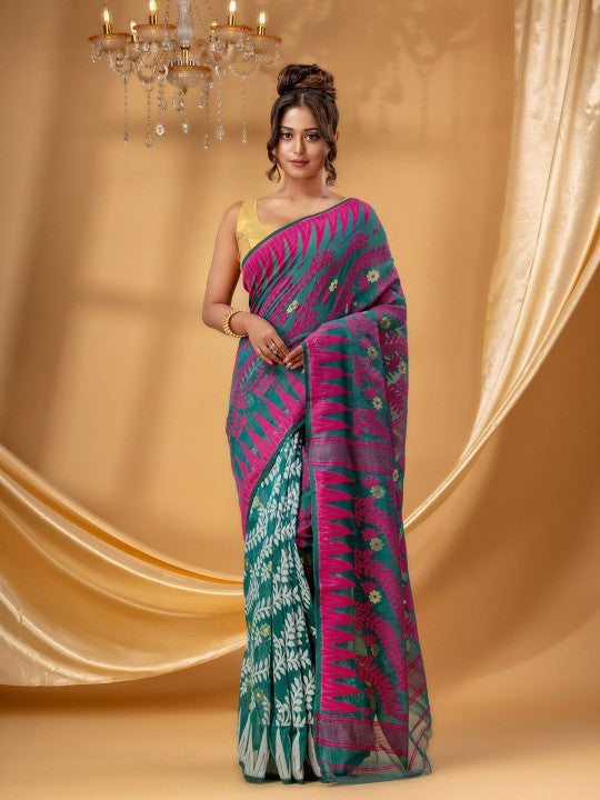 Vibrant Fluorescent Green Pure Cotton Jamdani Saree with Intricate Ethnic Woven Motifs