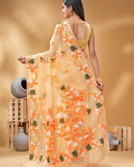 DESH BIDESH Orange Green Pure Cotton Jamdani Saree with Woven Floral Design