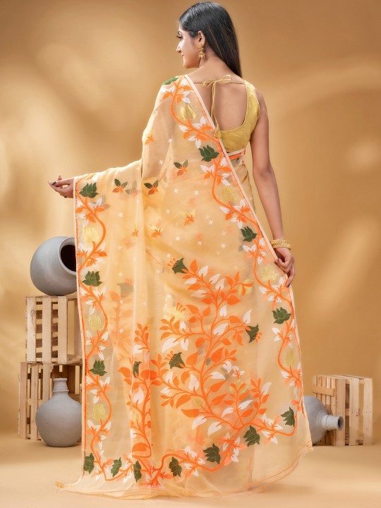 DESH BIDESH Orange Green Pure Cotton Jamdani Saree with Woven Floral Design