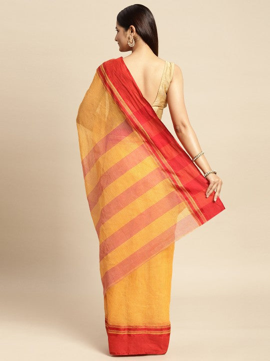 DESH BIDESH Yellow & Orange Woven Design Pure Cotton Taant Saree