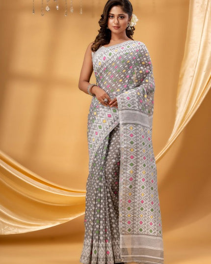 DESH BIDESH Ethnic Motifs Woven Design Pure Cotton Jamdani Saree