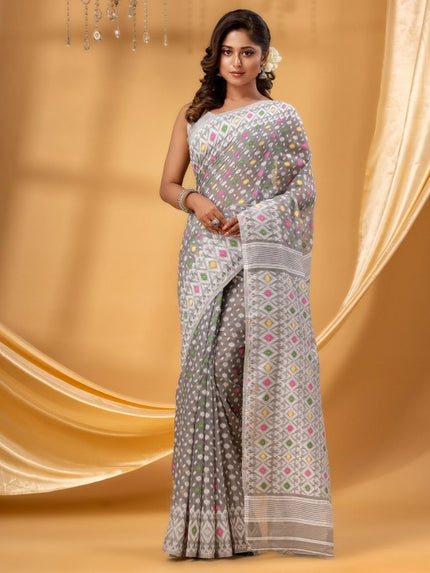 DESH BIDESH Ethnic Motifs Woven Design Pure Cotton Jamdani Saree