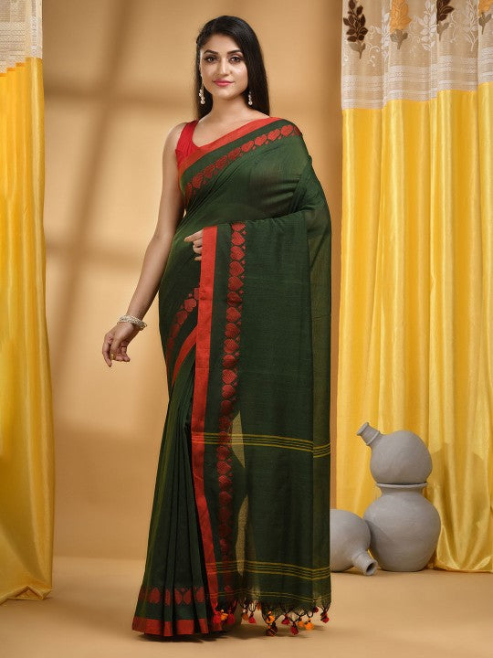 DESH BIDESH Bengali Zari Pure Cotton Handloom Taant Saree