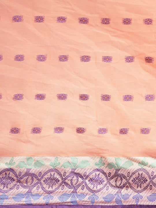 DESH BIDESH Peach Coloured & Grey Ethnic Motifs Pure Cotton Taant Saree
