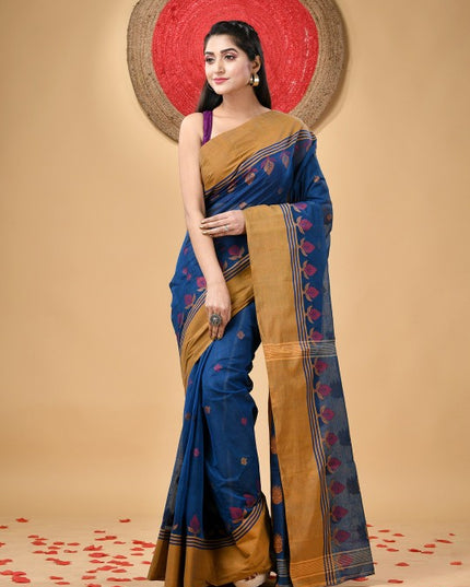 Exquisite Pure Handloom Cotton Taant Saree with Elegant Ethnic Motifs