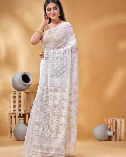 Elegant White Gold-Toned Woven Design Pure Cotton Jamdani Saree for Women
