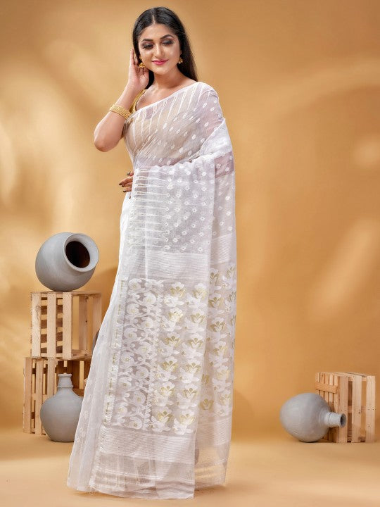 Elegant White Gold-Toned Woven Design Pure Cotton Jamdani Saree for Women