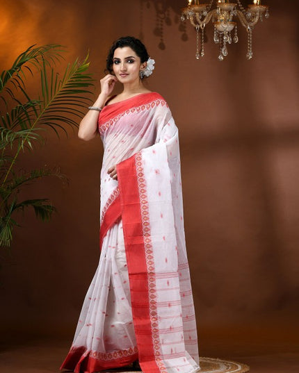 Exquisite White & Red Pure Cotton Taant Saree with Ethnic Motifs