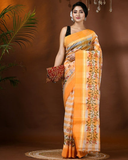 Exquisite Floral Pure Cotton Block Print Saree: Traditional Indian Drape for Women
